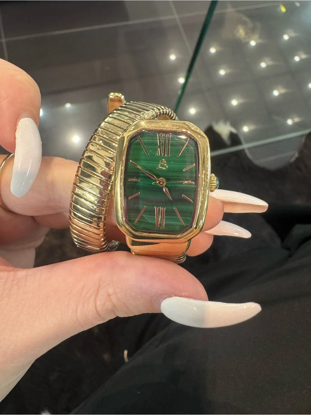 Colleen Lopez Yellow Gold-Tone Tubogas Coil Wrap Watch with Green Malachite Dial